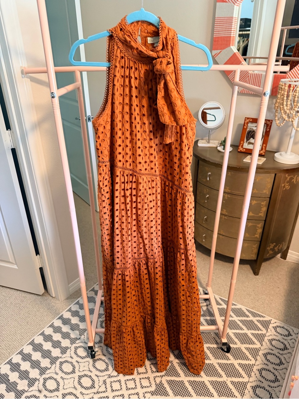 Tie-Neck Eyelet Maxi Dress in Rust
